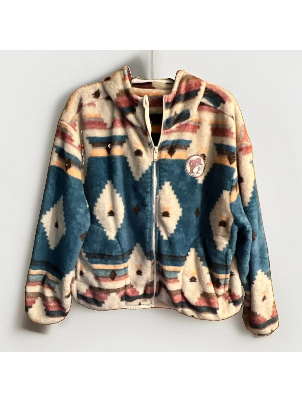 Buc-ees Aztec Fleece Hooded Jacket Large Southwestern Plush Pockets Full Zip
